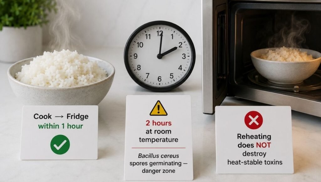 Three-stage rice safety warning showing fresh rice to fridge within 1 hour, clock at 2 hours room temperature with spore germination warning, and microwave reheating with red X noting reheating does not destroy heat-stable toxins — cooked rice food safety guide