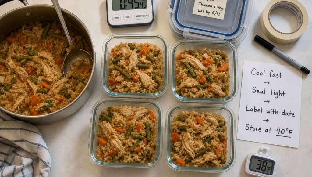 Kitchen counter showing four correct leftover storage habits — dividing food within 2 hours, sealing in airtight containers, labeling with masking tape dates, and refrigerator thermometer at 38°F — how to maximize how long food lasts in the fridge