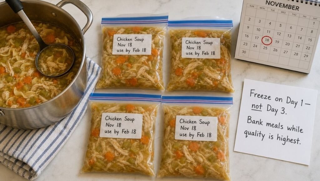 Large pot of soup being portioned into four labeled flat freezer bags with use-by dates beside a notecard reading freeze on day 1 not day 3 bank meals while quality is highest — the strategic freezing solution to the 3 to 4 day fridge rule