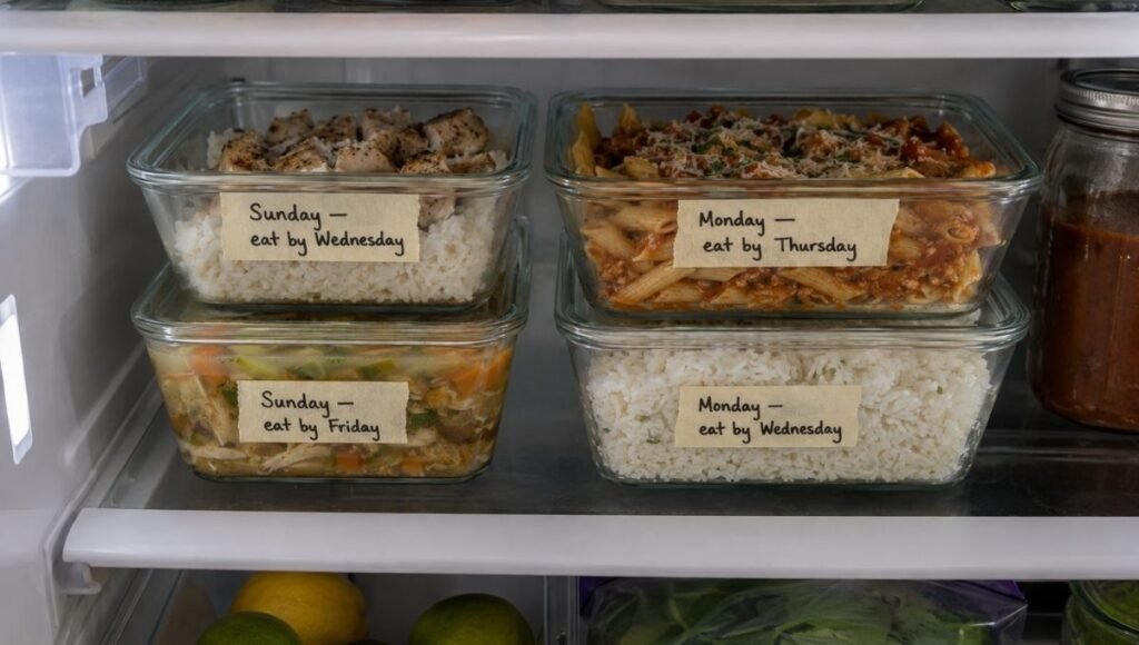 Open refrigerator shelf showing four labeled glass containers with cooked chicken rice, pasta, soup, and rice — each with a masking tape date label showing when to eat by — how long does food last in the fridge complete guide