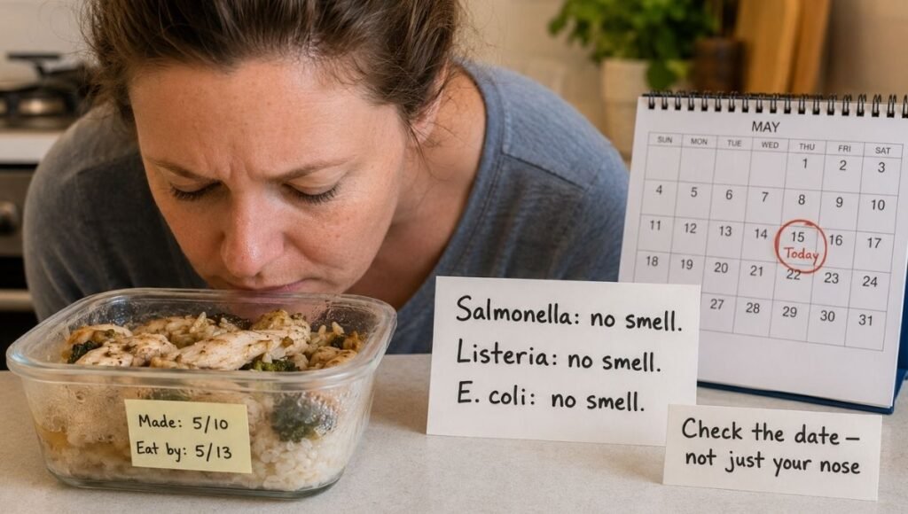 Person smelling an open food container with a warning card showing Salmonella Listeria and E coli have no smell and a second card saying check the date not just your nose — debunking the it smells fine food safety myth