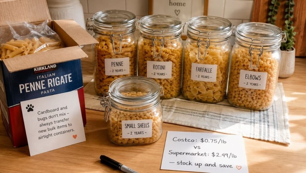 Large pasta multipack being divided into labeled airtight glass jars beside a price comparison notecard showing Costco at $0.75 per lb versus supermarket at $2.49 per lb — the bulk pasta buying strategy for families to save money