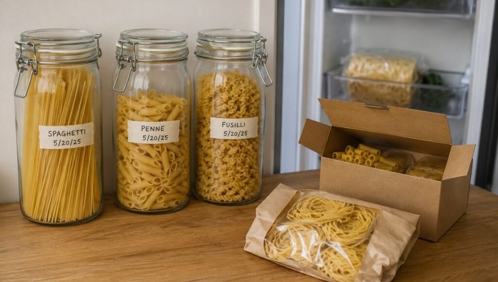 Three glass airtight jars of dry pasta shapes beside an open pasta box and fresh pasta in the background — how long does pasta last complete guide covering dry fresh and cooked pasta storage times