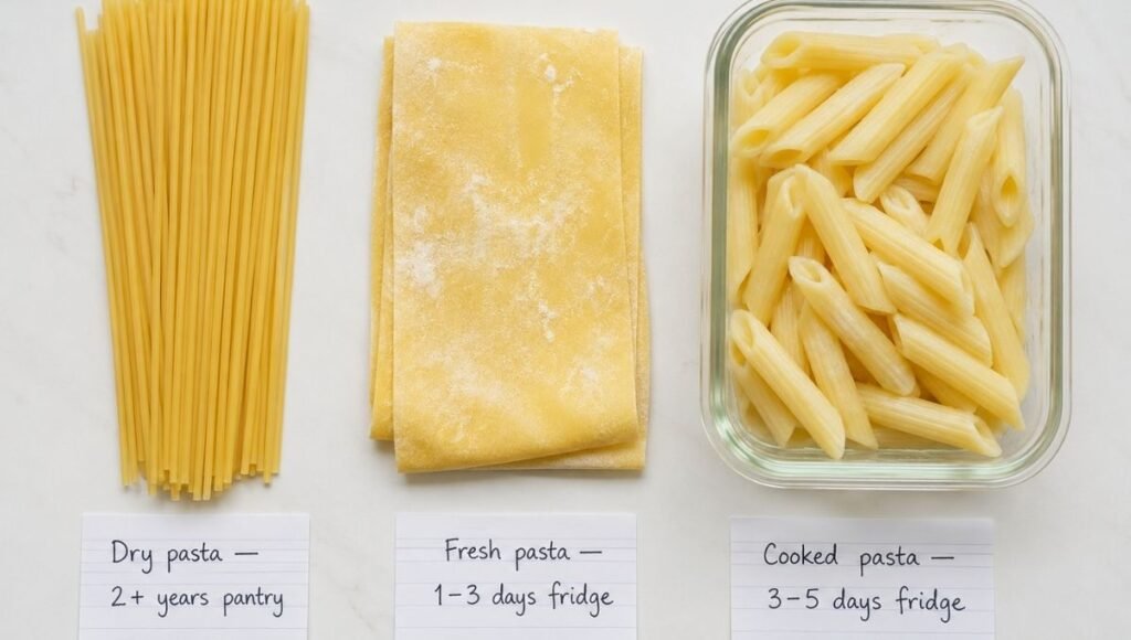 Three pasta types side by side — dry spaghetti labeled 2 plus years pantry, fresh pasta sheets labeled 1 to 3 days fridge, and cooked penne labeled 3 to 5 days fridge — showing the three very different storage times for how long pasta lasts