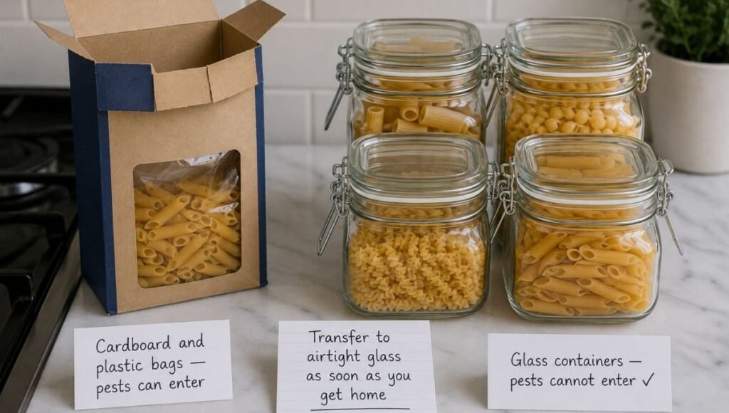 Cardboard pasta box labeled pests can enter beside four sealed glass containers labeled pests cannot enter with a notecard saying transfer to airtight glass as soon as you get home — pantry bug prevention guide for how long pasta lasts