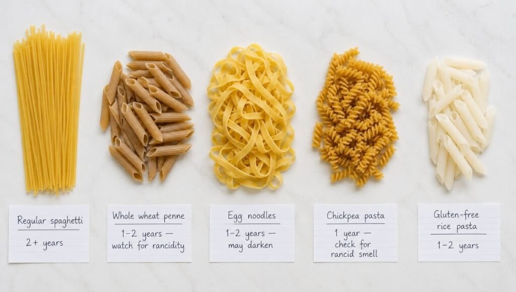 Five specialty pasta types in a row — regular spaghetti, whole wheat penne, egg noodles, chickpea pasta, and gluten-free rice pasta — each with handwritten storage time cards showing different shelf lives for how long each type of pasta lasts
