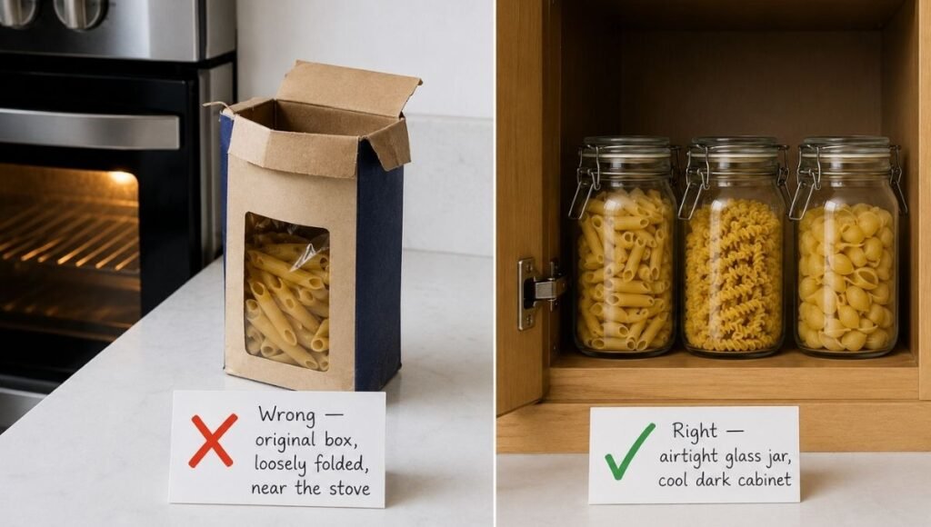 Split comparison showing wrong pasta storage — open cardboard box near warm stove with red X — versus correct storage in sealed glass jars inside a cool dark cabinet with green checkmark — the right way to store dry pasta to maximize how long it lasts