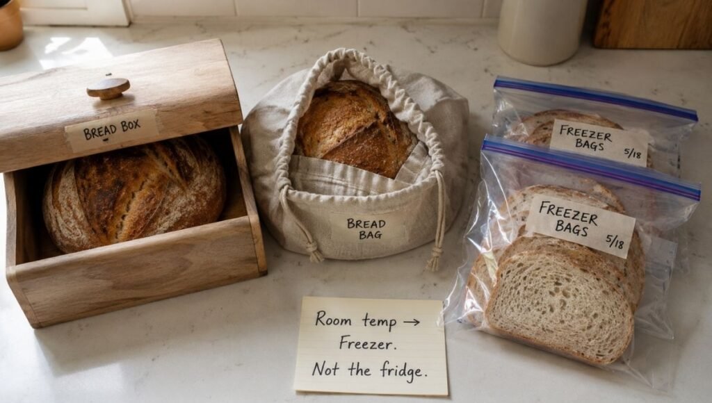 Three bread storage options on a kitchen counter — wooden bread box with artisan loaf, cloth linen bag with sourdough, and labeled freezer bags with sliced bread — beside a notecard reading room temp to freezer not the fridge for how to keep bread fresh longer