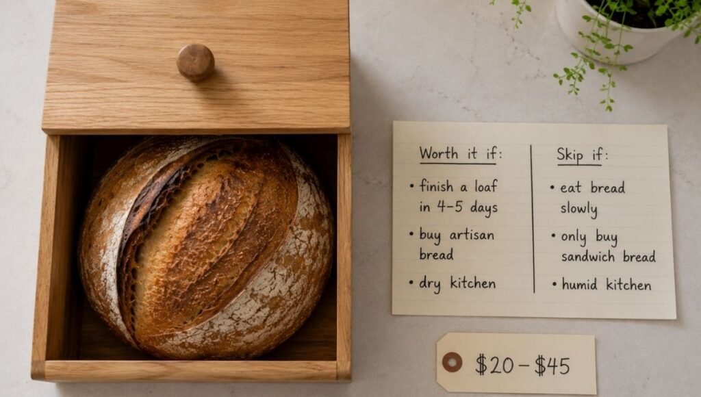 Open wooden bread box with fresh sourdough loaf beside a handwritten two-column decision card showing worth it if and skip if criteria with a $20 to $45 price tag — is a bread box worth buying for how to keep bread fresh longer