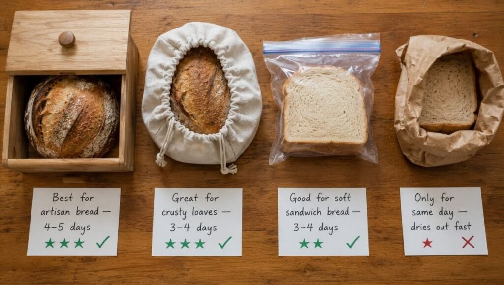 Four bread storage methods in a row — wooden bread box best for artisan 4 to 5 days, cloth linen bag great for crusty loaves, airtight plastic bag for soft sandwich bread, and paper bag for same day only — storage method comparison for how to keep bread fresh longer