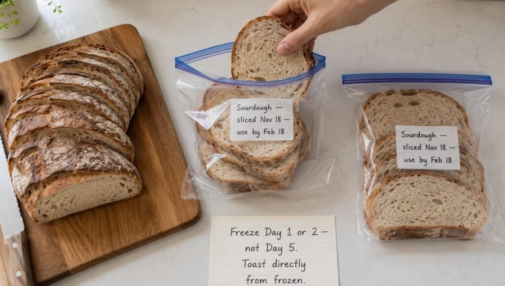 Bread freezing process showing fresh sliced loaf on cutting board, slices being placed in labeled freezer bag with date, and sealed bag ready with a notecard saying freeze day 1 or 2 not day 5 toast directly from frozen — the correct method for how to keep bread fresh longer using the freezer