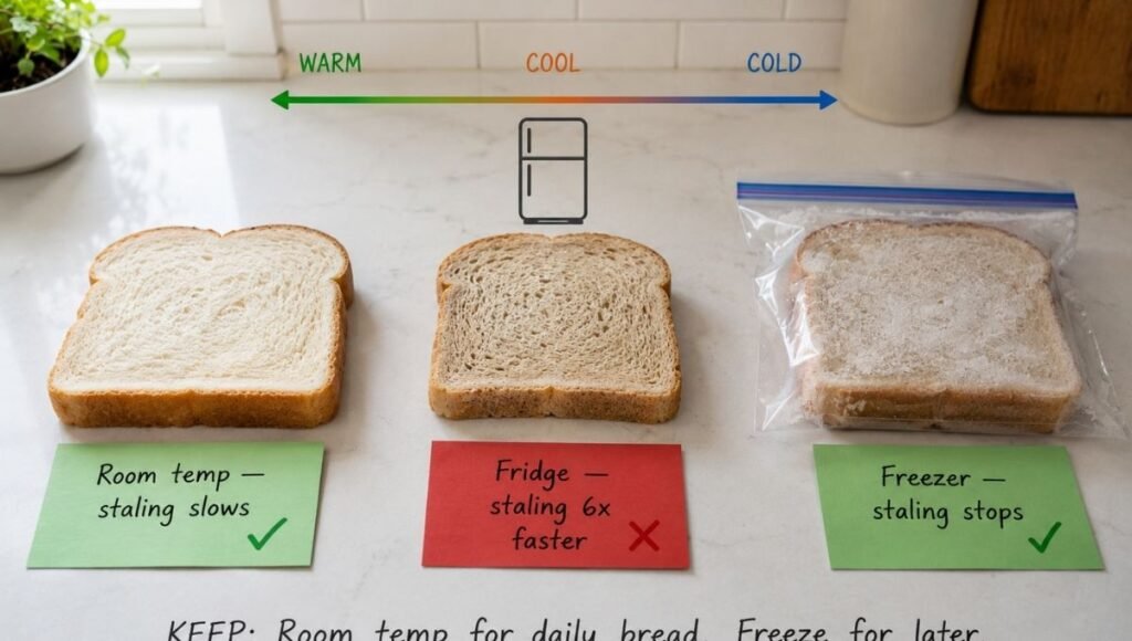 Three bread slices showing staling at different temperatures — room temperature slows staling with green checkmark, fridge speeds staling 6 times faster with red X, freezer stops staling with green checkmark — the science behind why the fridge is wrong for bread storage