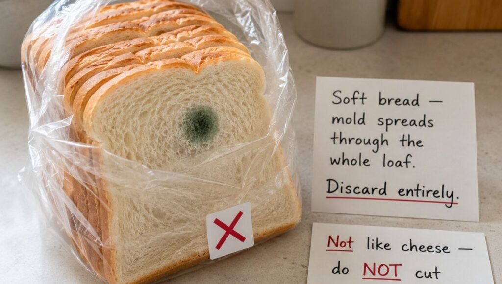 Soft sandwich bread with a mold spot beside a warning card reading mold spreads through the whole loaf discard entirely and a second card reading not like cheese do not cut around it — the correct food safety rule for moldy bread