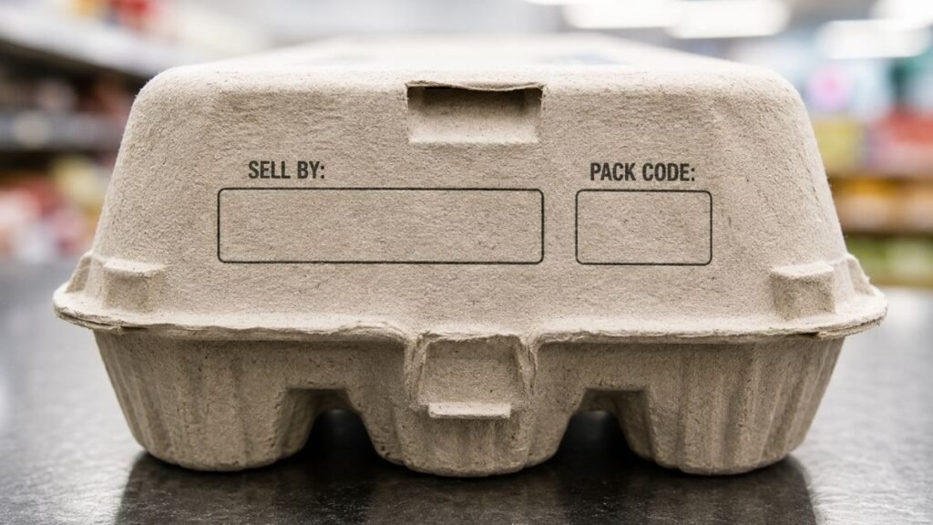Egg carton end panel showing where to find the sell-by date and Julian pack date