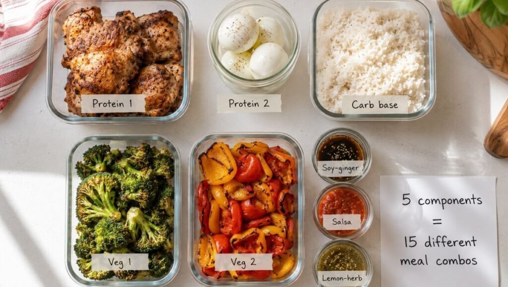 Flat lay of meal prep building blocks in labeled containers — two proteins, rice carb base, two vegetables, and three sauce jars — with a notecard reading 5 components equals 15 different meal combos — the component method for how to start meal prepping