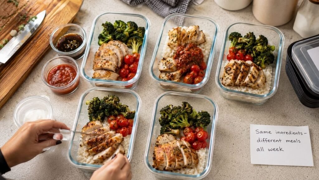 Five glass meal prep containers being filled with combinations of roasted chicken thighs, rice, broccoli, and different sauces beside a notecard reading same ingredients different meals all week — how to start meal prepping using the component method