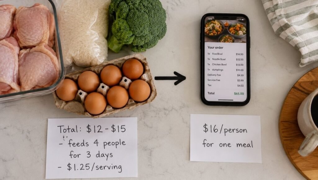 Budget comparison showing meal prep groceries costing $12 to $15 for 4 people for 3 days at $1.25 per serving versus a phone showing delivery app order at $65 total — the real cost savings of how to start meal prepping versus ordering food