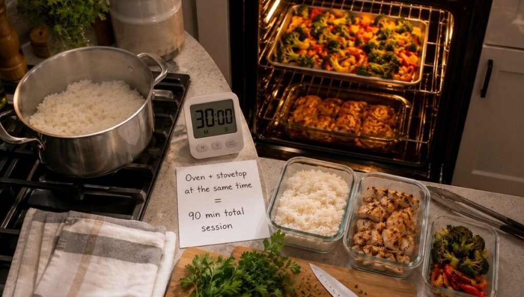Kitchen in active meal prep mode showing rice on stovetop, vegetables and chicken in oven simultaneously, with a 30-minute timer and notecard reading oven plus stovetop at the same time equals 90 minute total session — the parallel cooking sequence for efficient meal prepping