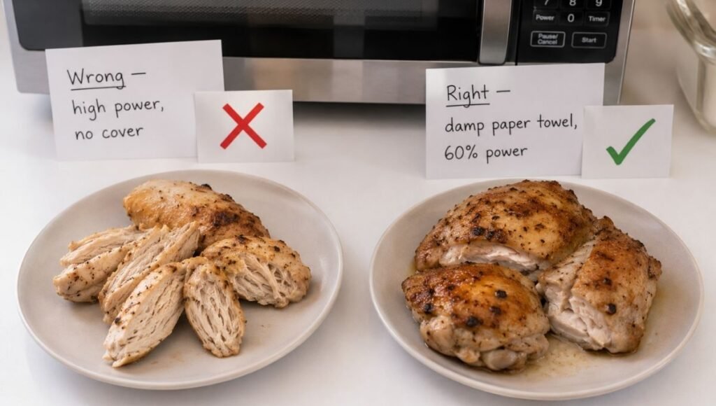 Split comparison of reheated chicken — left showing dry rubbery chicken from high power no cover labeled wrong with red X, right showing moist juicy chicken using damp paper towel and 60 percent power labeled right with green checkmark — the correct reheating technique for meal prepped chicken