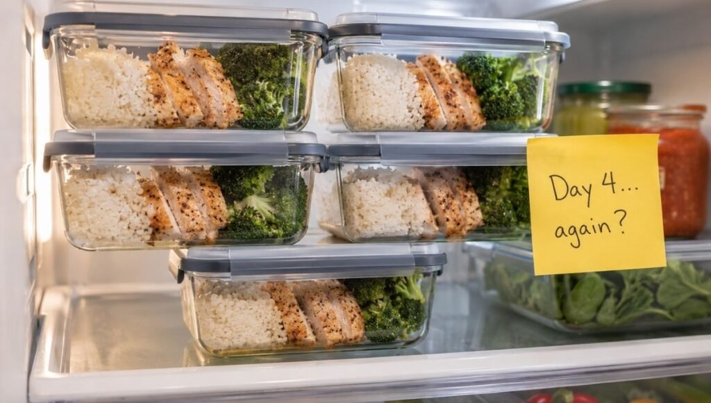 Open refrigerator showing five identical meal prep containers with the same chicken rice and broccoli meal with a sticky note reading Day 4 again — illustrating the food boredom problem that makes most beginners quit meal prepping