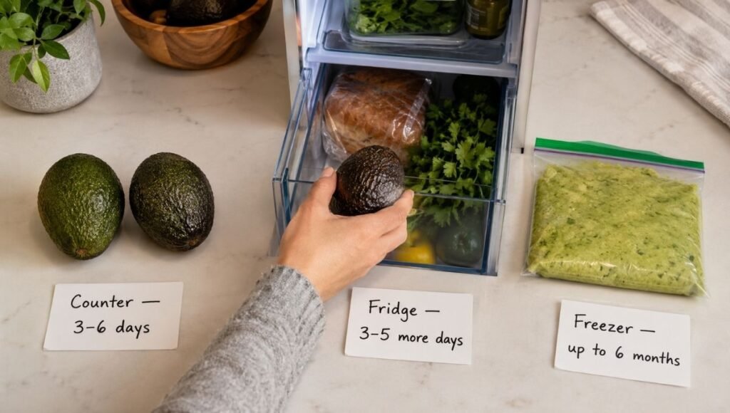 Three-stage avocado storage guide showing unripe avocados on counter labeled 3 to 6 days, ripe avocado going in fridge labeled 3 to 5 more days, and labeled freezer bag for up to 6 months — how to store avocados at every stage