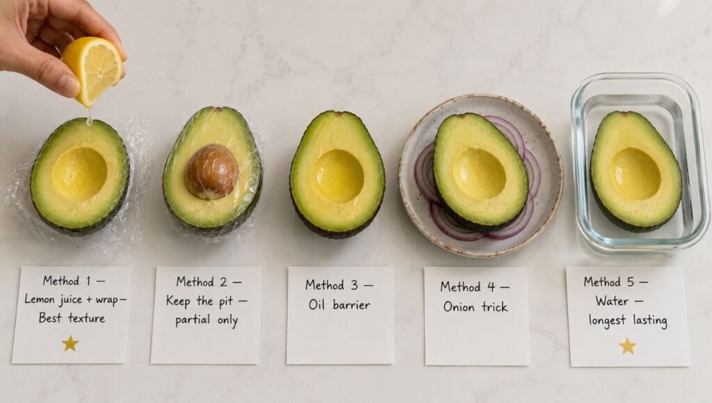 Five cut avocado halves showing anti-browning methods — lemon juice with wrap, pit in, olive oil coating, red onion slices, and water submersion — each labeled with method name and effectiveness for how to store cut avocados without browning