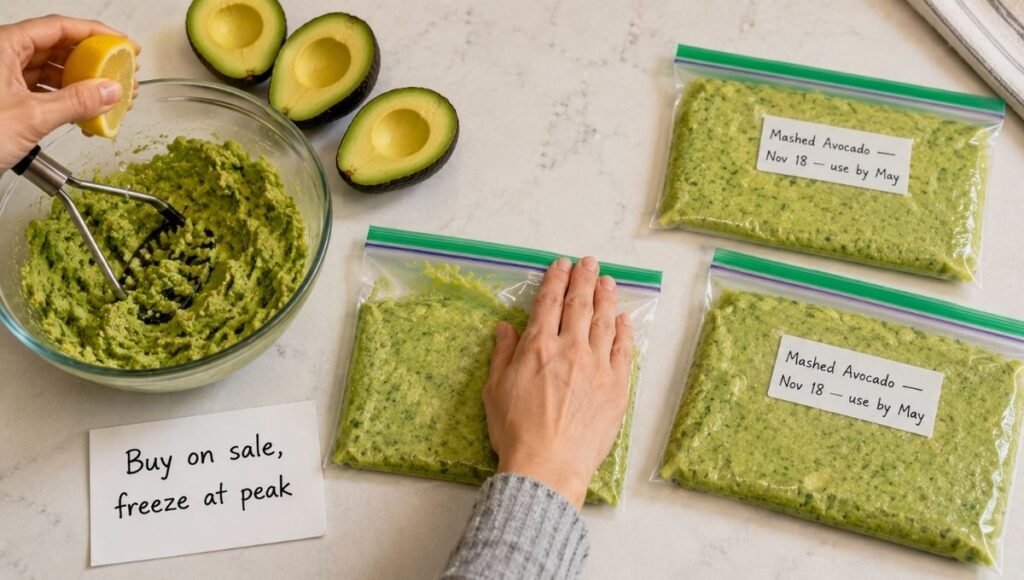 Avocado freezing process showing mashing with lemon juice, portioning into flat freezer bags with air pressed out, and completed labeled bags with a buy on sale freeze at peak notecard — how to freeze avocados for budget savings