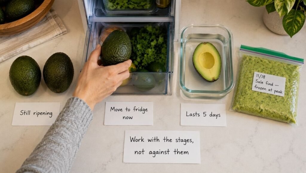 Weekly avocado management scene showing firm avocados ripening on counter, ripe one going in fridge, cut half in water container lasting 5 days, and freezer bag from a sale find — practical how to store avocados system for families