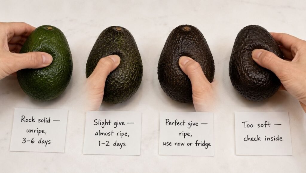 Four avocados in a row showing ripeness progression from rock solid unripe to perfect give ripe to too soft with squeeze test demonstrations and handwritten stage labels — how to tell avocado ripeness before storing