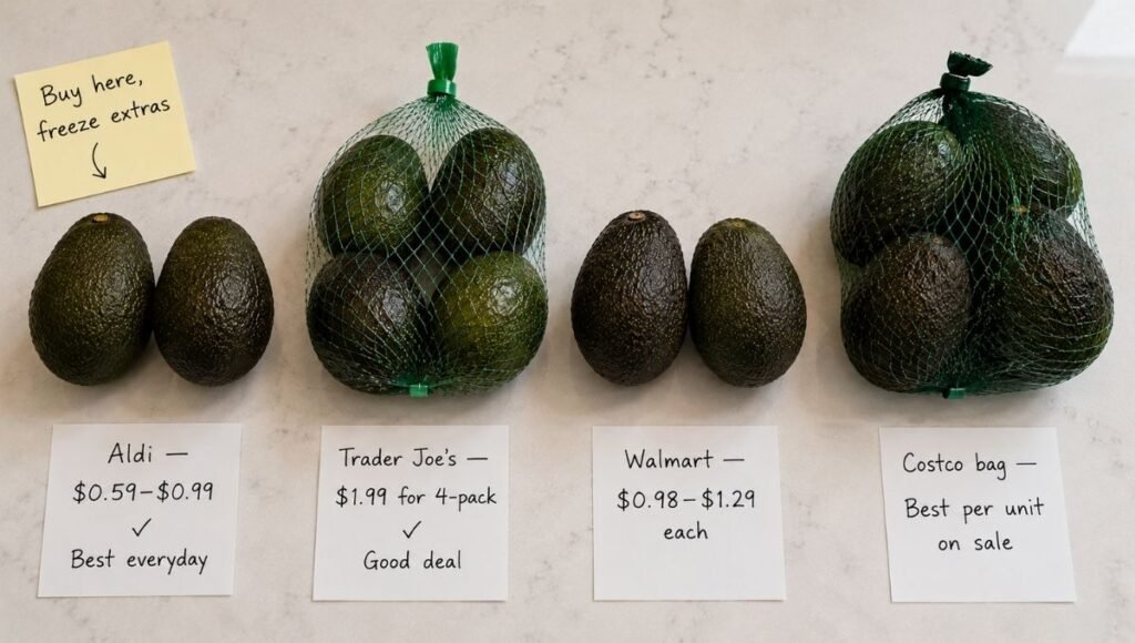 Four avocados with price tag cards showing Aldi at $0.59 to $0.99 best everyday, Trader Joe's $1.99 for 4-pack, Walmart $0.98 to $1.29, and Costco best per unit on sale — avocado price comparison guide for budget grocery shopping