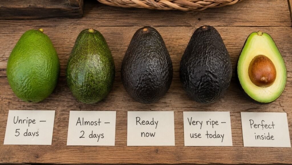 Five avocados in a row showing ripeness progression from bright green unripe labeled 5 days to very dark near-black labeled use today to one cut open showing perfect interior — how to tell if an avocado is ripe across all stages