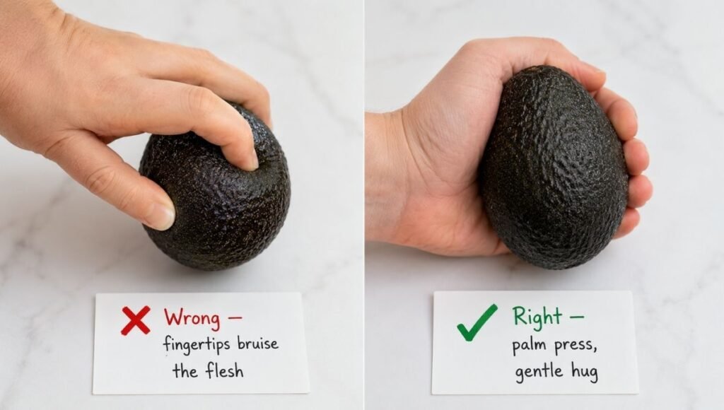 Side-by-side comparison of wrong avocado pressing with fingertips labeled wrong bruises flesh versus correct palm press technique labeled right gentle hug — the correct way to tell if an avocado is ripe without causing damage