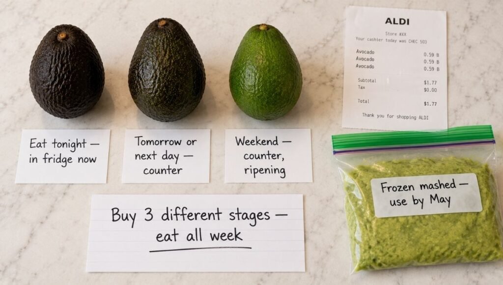 Three avocados at different ripeness stages on a counter labeled eat tonight in fridge, tomorrow on counter, and weekend on counter beside a grocery receipt showing $0.59 each and a labeled freezer bag — the staggered purchase system to stop wasting money on avocados