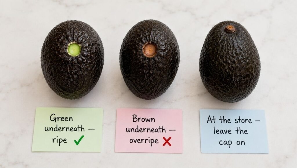 Three avocados showing stem test results — green under cap labeled ripe, brown under cap labeled overripe, and third avocado with cap intact labeled leave it on at the store — the stem test guide for how to tell if an avocado is ripe with its real trade-offs