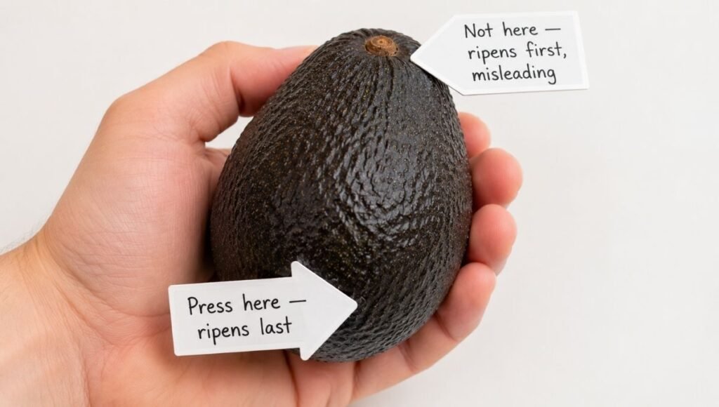 Hand holding a Hass avocado with arrow pointing to the wider bottom end labeled press here and another arrow at the stem end labeled not here ripens first — showing the correct location to press when checking if an avocado is ripe