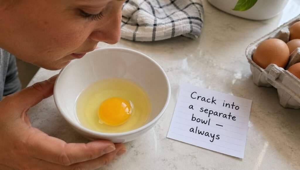 Freshly cracked egg in a small white bowl being smelled for freshness check beside a notecard reading crack into a separate bowl always — the most reliable method for how to tell if eggs are still good using the smell test