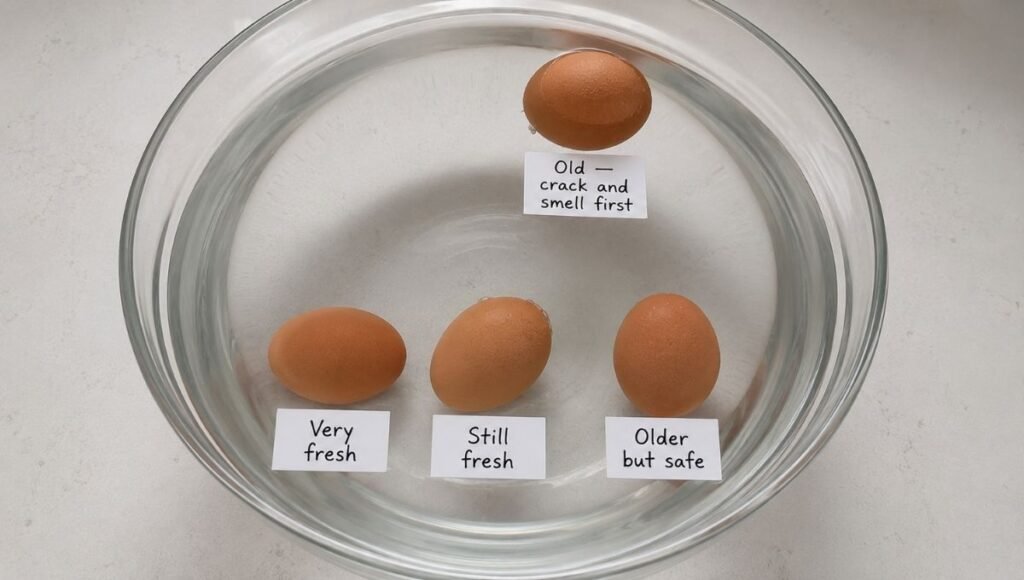 Four eggs in a clear glass bowl showing float test positions — flat on bottom labeled very fresh, tilted labeled still fresh, standing upright labeled older but safe, and floating labeled crack and smell first — the complete egg float test guide for how to tell if eggs are still good