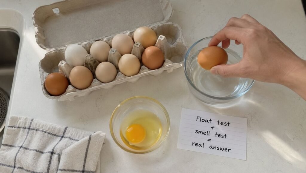 Egg freshness checking scene showing open egg carton, glass bowl with egg float test, and separate small bowl with cracked egg beside a notecard reading float test plus smell test equals real answer — how to tell if eggs are still good