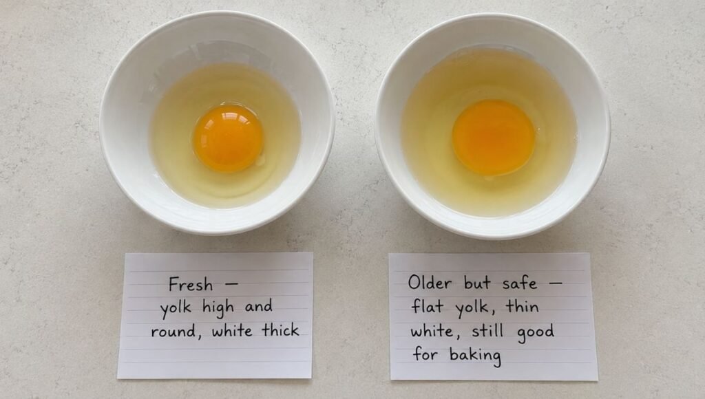Two cracked eggs in white bowls side by side — fresh egg on left with high round yolk and thick white labeled fresh, older egg on right with flat yolk and watery white labeled older but safe still good for baking — visual comparison for how to tell if eggs are still good after cracking
