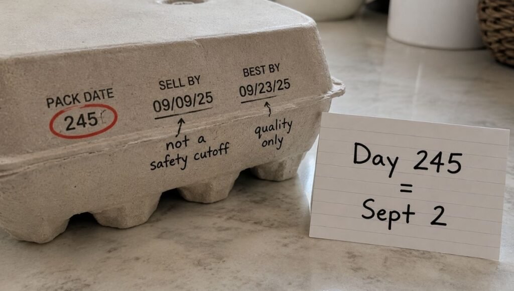 Egg carton side showing Julian date 245 circled in red, sell by date annotated as not a safety cutoff, and best by date marked quality only beside a calendar card showing Day 245 equals September 2 — how to decode egg carton dates to tell if eggs are still good