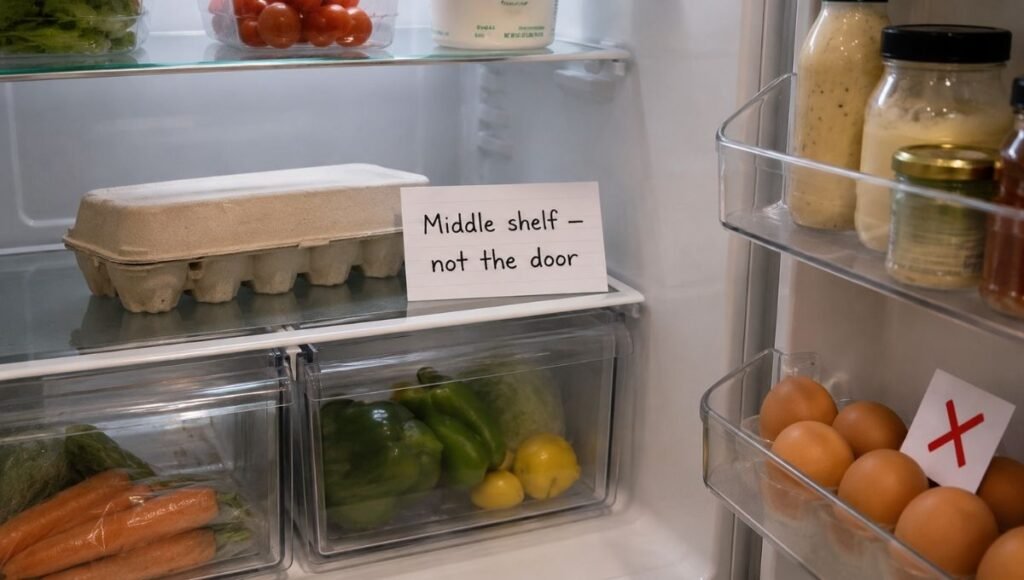 Open refrigerator showing egg carton correctly stored on middle shelf with a middle shelf not the door card, and a red X card on the door shelf showing incorrect placement — correct egg refrigerator storage for keeping eggs fresh longer