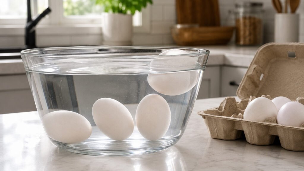 Eggs in a bowl of water showing different positions during an egg freshness test