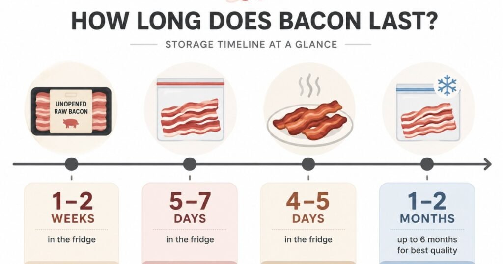 Infographic showing how long bacon lasts in the fridge and freezer for unopened, opened, cooked, and frozen bacon