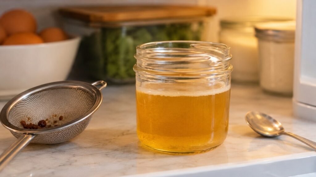 Illustration of strained bacon grease being stored in a small airtight jar in the refrigerator