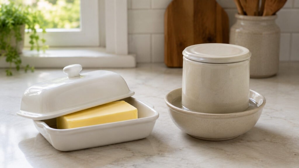 Covered butter dish compared with a water-sealed butter bell for countertop storage