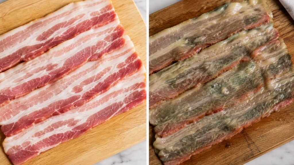 Side-by-side photo comparison of fresh pink bacon versus spoiled discolored bacon with visible sliminess