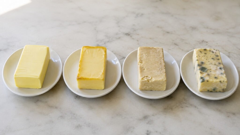 Fresh butter compared with surface-oxidized, rancid, and moldy butter