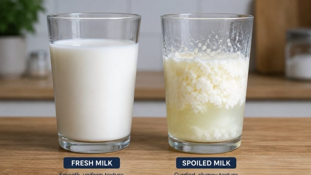 Fresh milk compared with spoiled milk showing curdling and separation