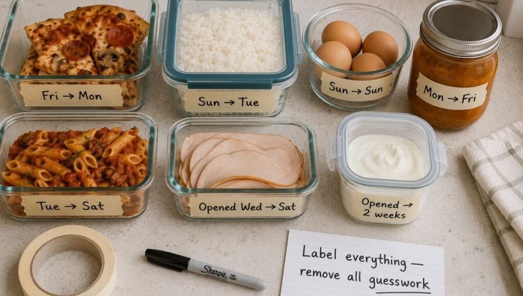 Seven glass leftover containers each with masking tape date labels showing pizza Friday to Monday, rice Sunday to Tuesday, eggs Sunday to Sunday, soup Monday to Friday, pasta Tuesday to Saturday, deli meat through Saturday, yogurt two weeks — beside a label everything remove all guesswork notecard — complete leftover dating and storage system