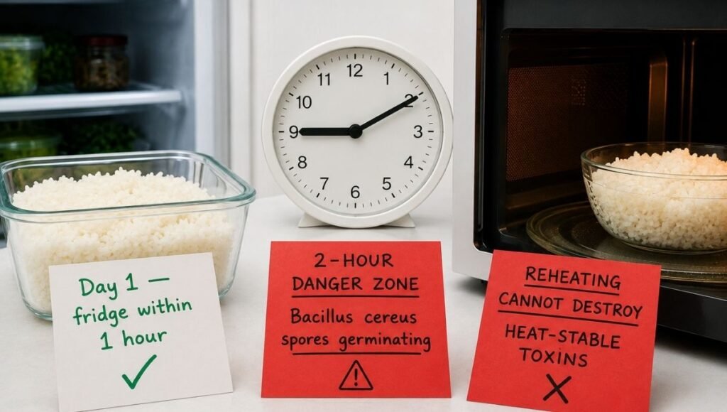 Three-stage rice safety warning showing rice in fridge within 1 hour with green checkmark, 2-hour room temperature danger zone clock with Bacillus cereus spores warning, and microwave with red X noting reheating cannot destroy heat-stable toxins — why cooked rice only lasts 1 to 3 days